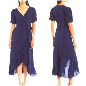 Kensie Navy Blue semisheer faux wrap ruched puff sleeve midi hi-lo dress 6